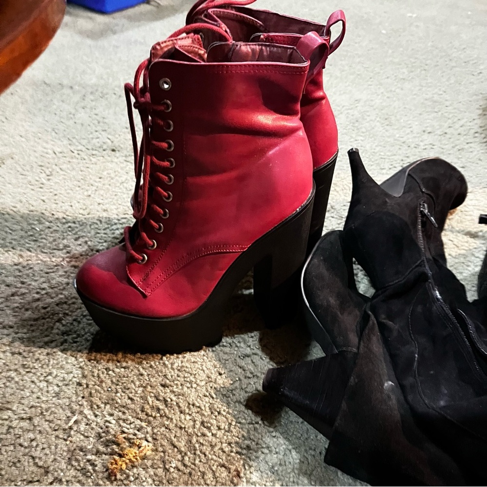 Breckelles Red Heeled Boots with Satin Finish